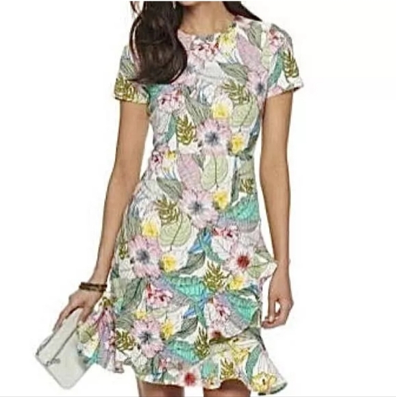 Apt. 9 women's 3X tropical floral print short sleeve ruffle hem dress - Picture 2 of 9